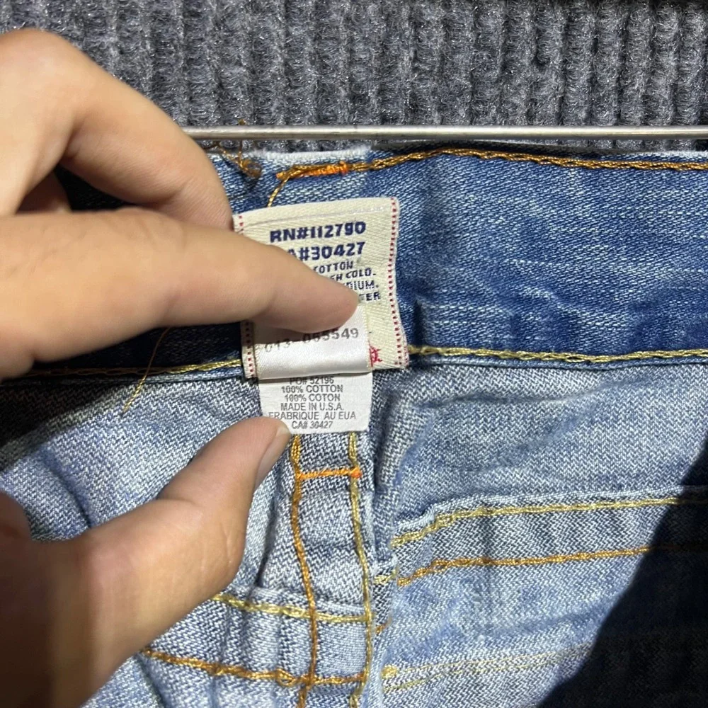 True Religion Joey Jeans Mens 32 Blue Distressed Flare Twisted Seam Made in USA